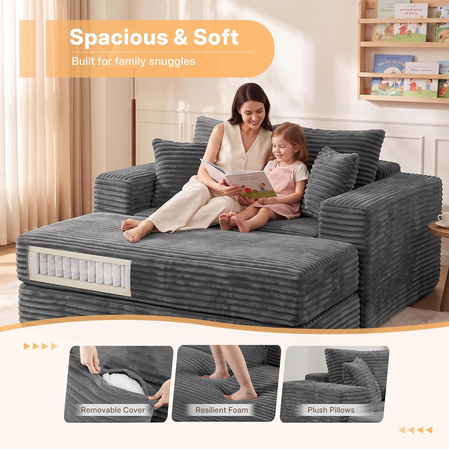 Busaurus 60'' Oversized Chaise Lounge Chair Indoor with Ottoman, Convertible Boneless Sofa Bed & Corduroy Reading Chair for Living Room & Bedroom, No Assembly Required