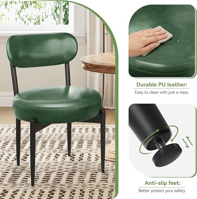 Upholstered Dining Chairs Set of 4, PU Leather Dining Room Chairs with Sturdy Metal Legs, Kitchen Chairs for Dining Room/Kitchen/Restaurant/Hotel, Modern Style, Green