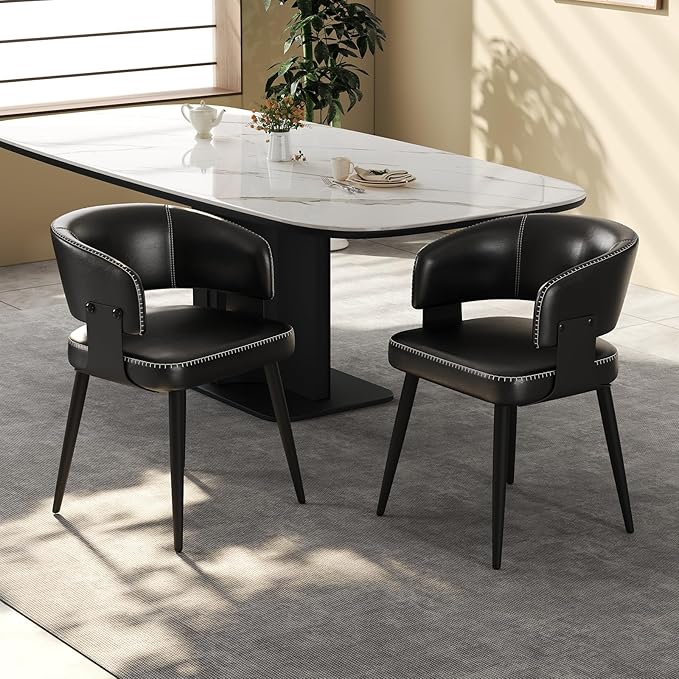Modern Dining Chairs Set of 2, Upholstered Faux Leather Kitchen Side Chairs with Curved Open Back, Elegant Decorative Stitching, Easy Assembly for Dining Room, Restaurant, Cafe, Vintage Black