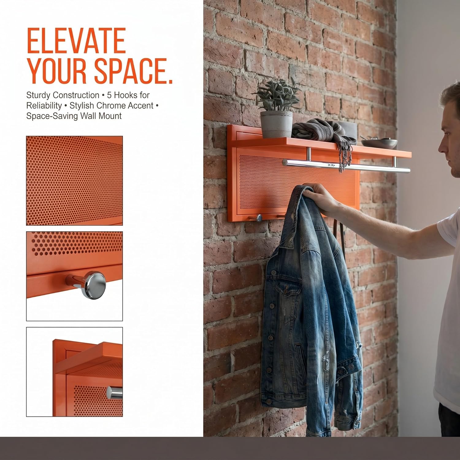 Wall Mounted Coat Rack with Shelf & Hooks, 29.5" Entryway Organizer | Metal Powder Coated, 5 Hooks & Chrome Accents, Space-Saving & Easy to Install, Ideal for Hallway, Mudroom, Orange