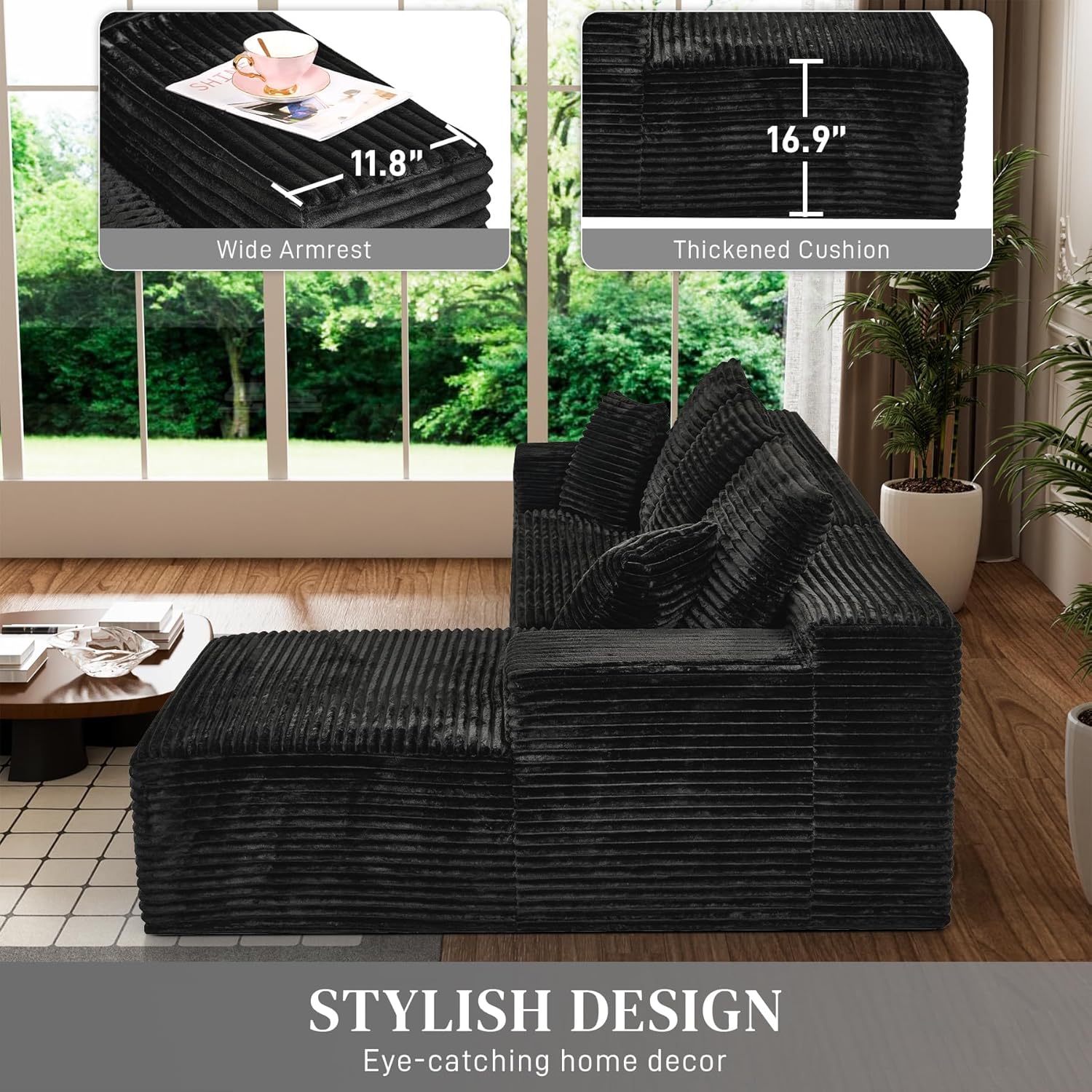 108" Boneless Couches for Living Room, L Shaped Comfy Cloud Modular Sectional Memory Foam Deep Seat Boneless Couch, No Assembly Required Boneless Sofa for Living Room with Right Facing Chaise, Black