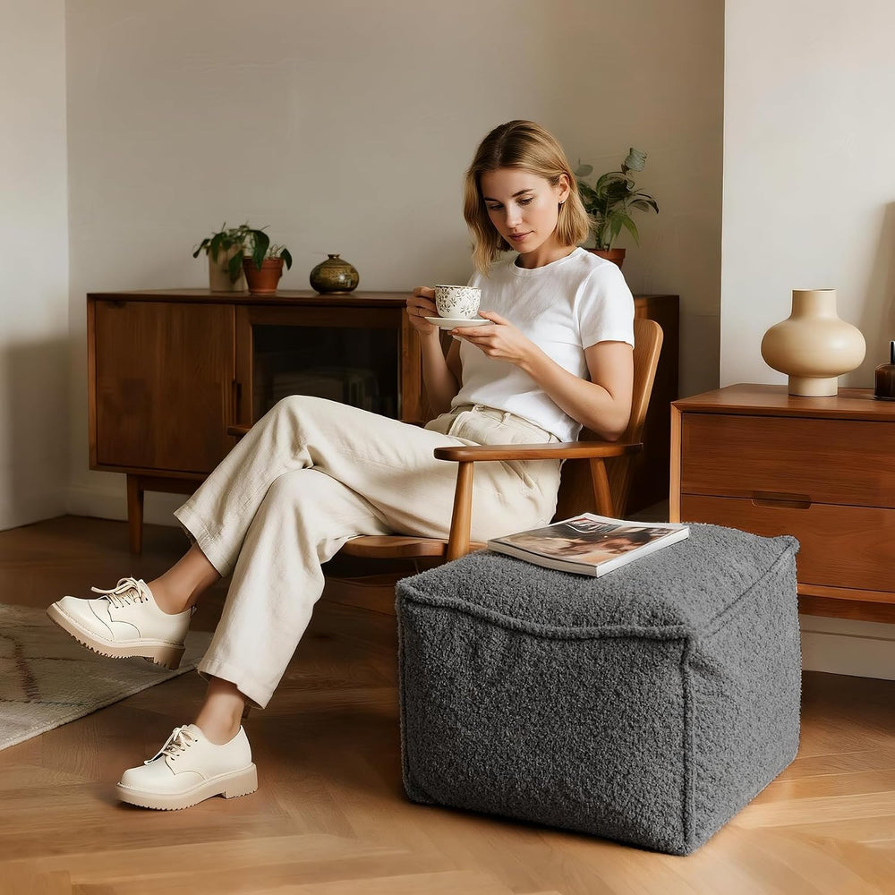 Square Boucle Pouf Ottoman Footrest, Soft & Lightweight Footstool with Fo...