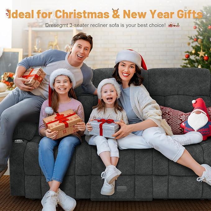 Recliner Sofa with Storage Console, Flip Middle Backrest Design 3 Seat Reclining Sofa with Storage Drawer, USB Ports & Cup Holders, Manual Couch for Living Room (Gray, 3 Seater + Console)