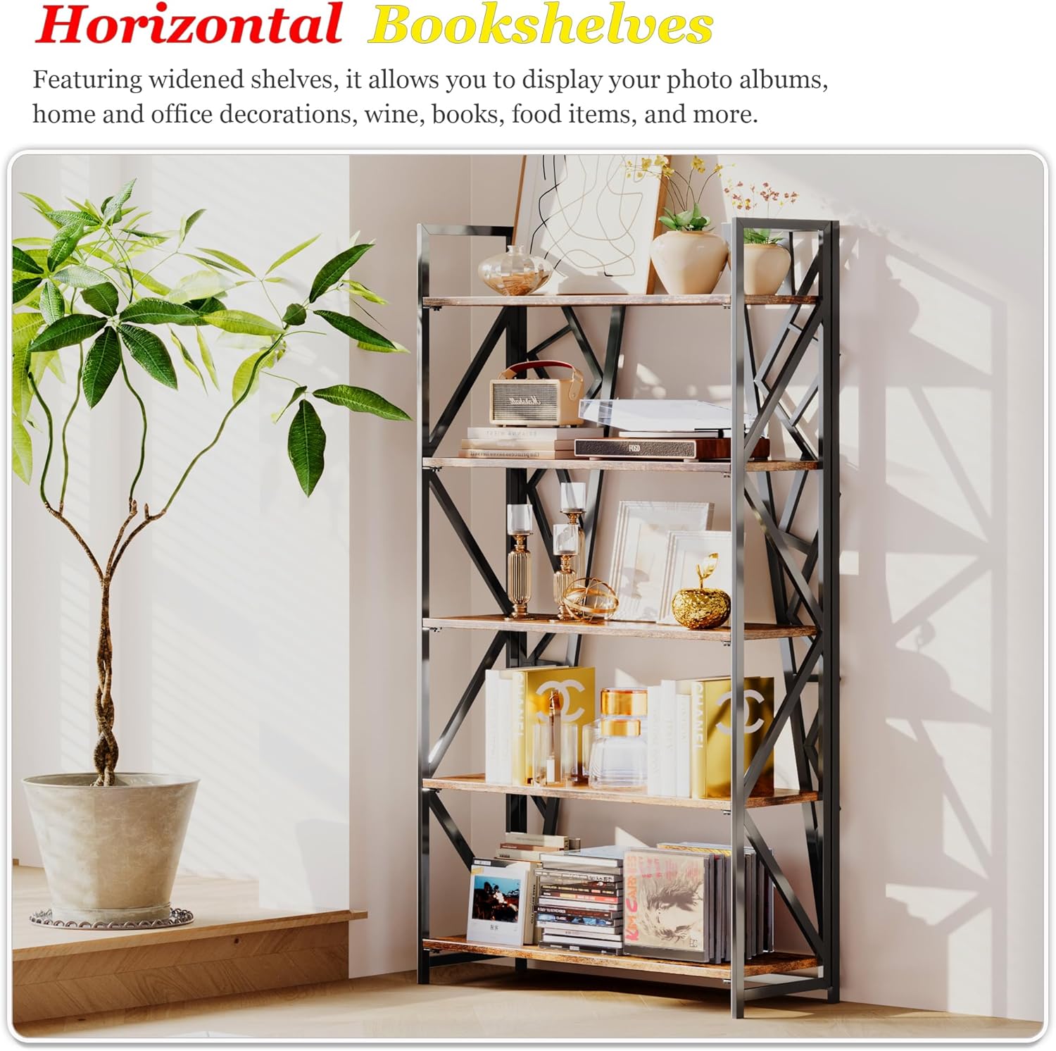 UDD No Assembly Wide Folding Bookshelf, 64.3" H x 30.9" W, 5 Tier Foldable Book Shelf Industrial Bookcase, Vintage Collapsible Storage Shelves for Home Office Living Room Bedroom, Rustic Brown Black