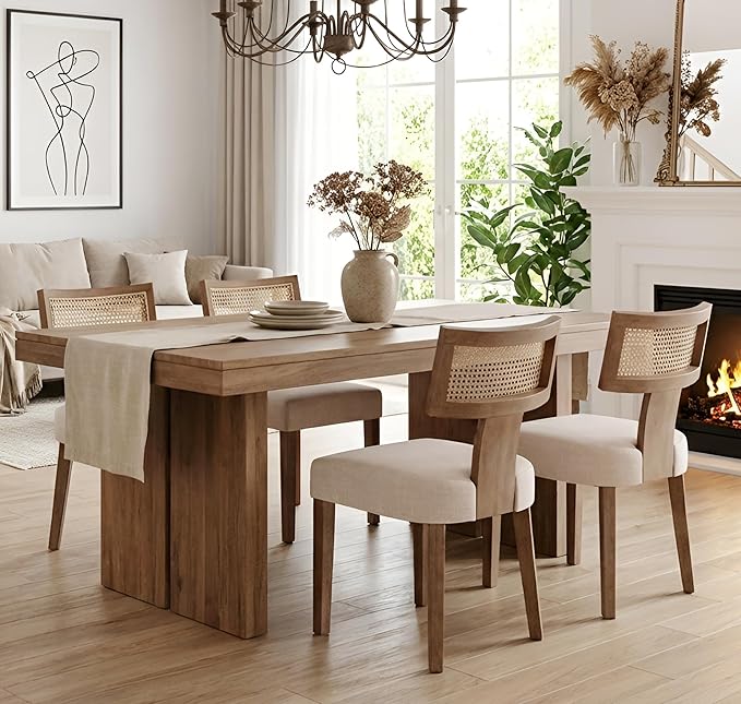 Upholstered Farmhouse Dining Chairs Set of 4 Mid Century Modern Dining Room Chairs Rattan Linen Kitchen Chairs Armless Side Chairs with Wood Frame/Rattan Back for Living Room,Beige