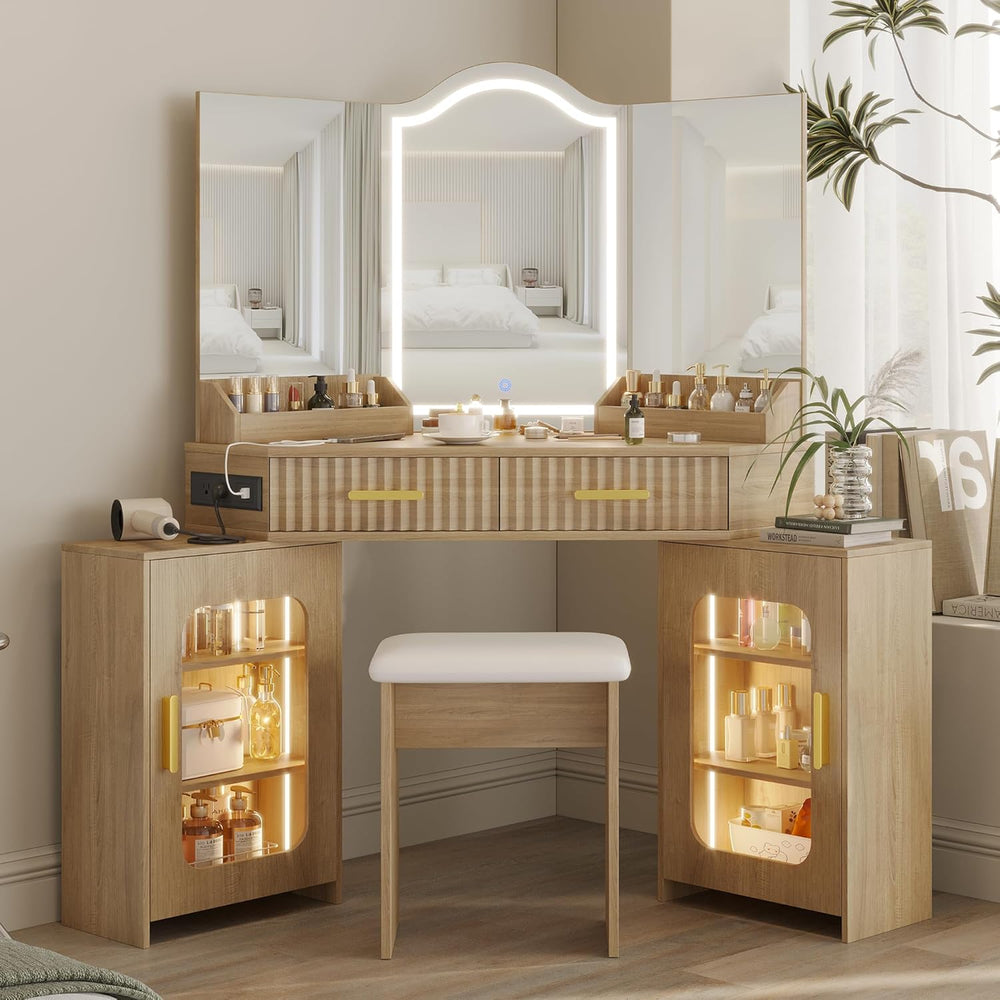Corner Vanity Desk with 3 Way Mirror & LED Lights, Makeup Table Set with ...