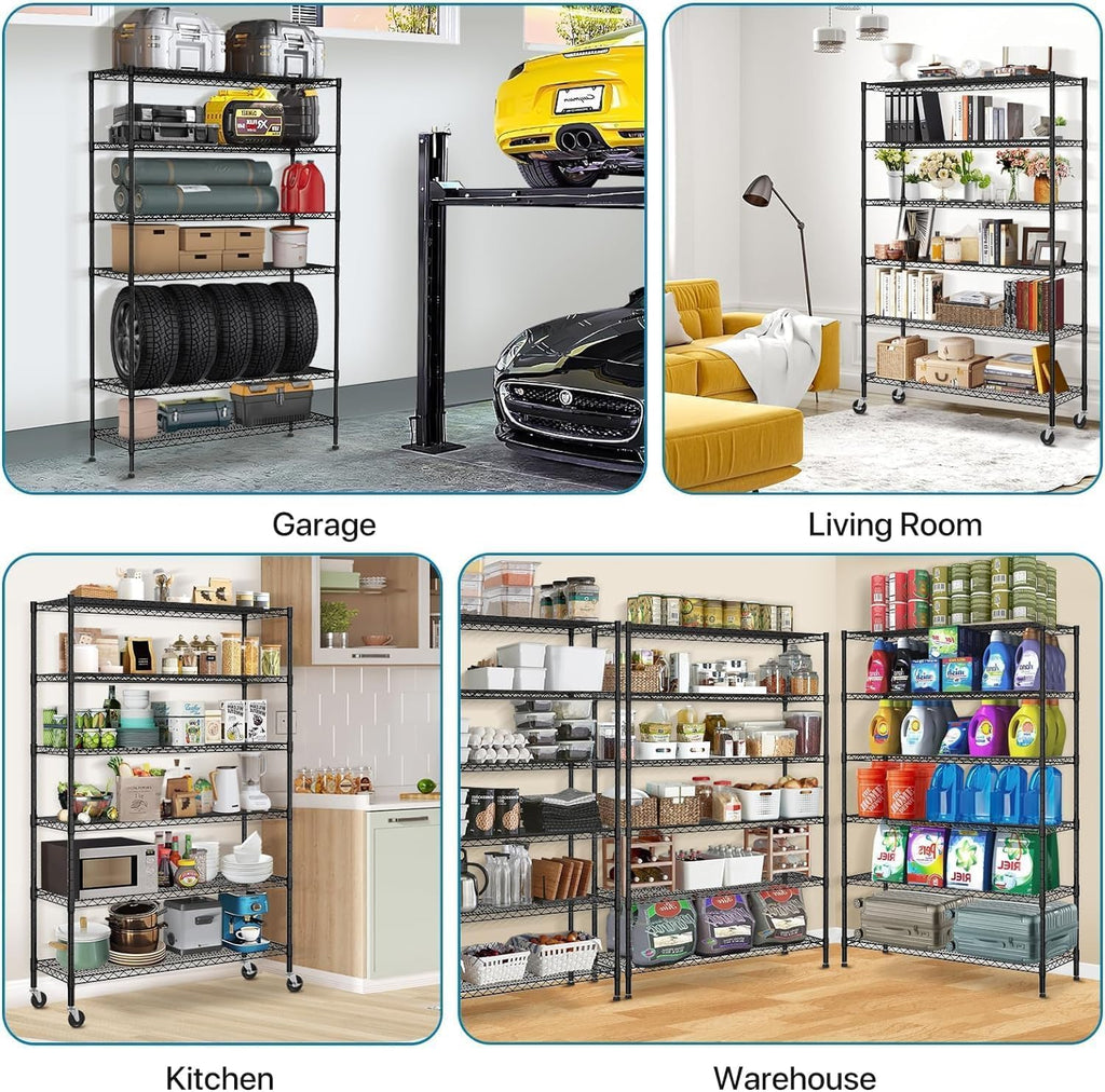 6 Tier Metal Shelving 6000Lbs Capacity Storage Shelves Heavy Duty Shelving Unit NSF Certified with Wheels and Adjustable Feets Commercial Grade Utility Shelf, 48"x 18"x 76" Wire Rack, Black