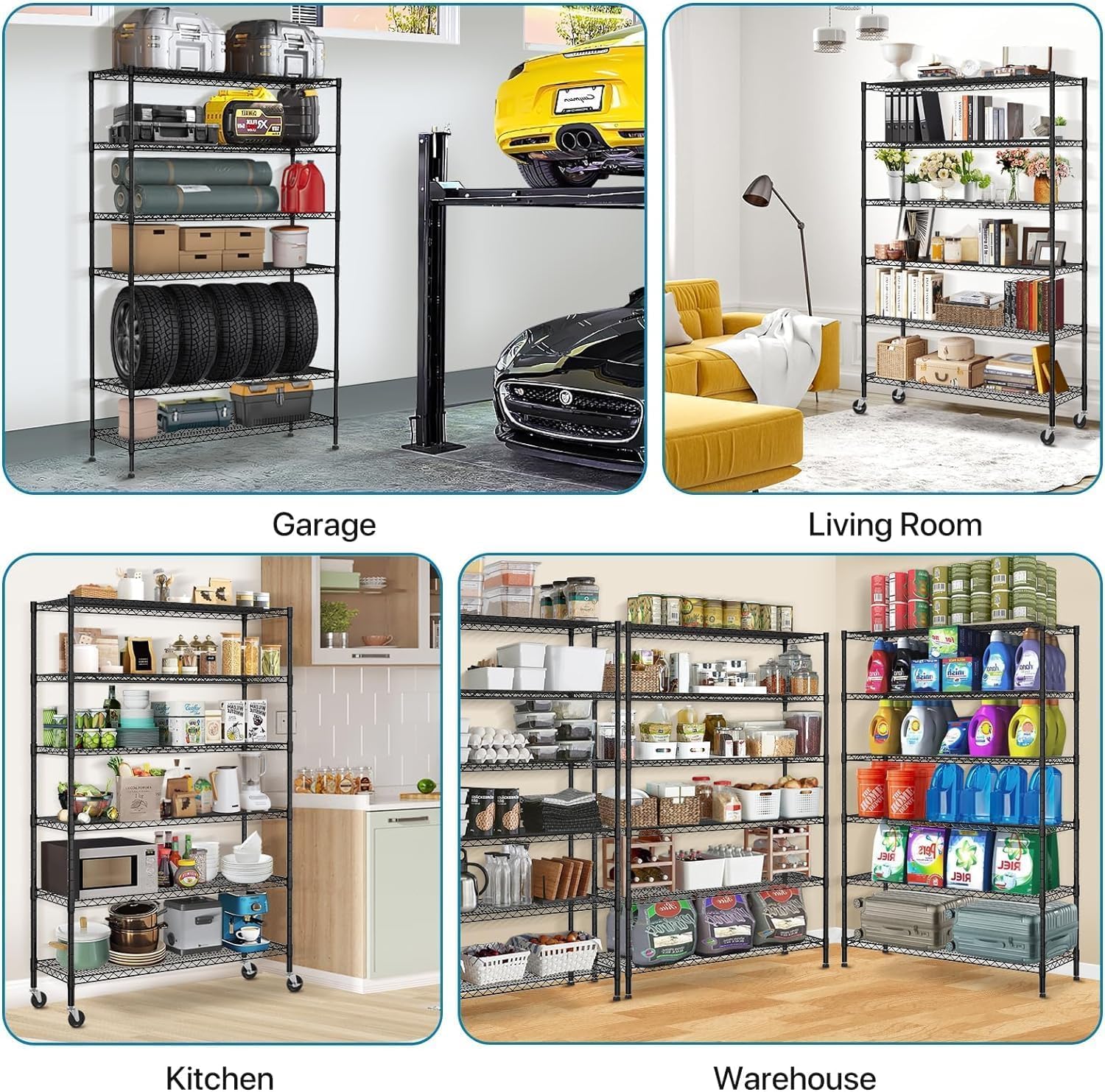 6 Tier Metal Shelving 6000Lbs Capacity Storage Shelves Heavy Duty Shelving Unit NSF Certified with Wheels and Adjustable Feets Commercial Grade Utility Shelf, 48"x 18"x 76" Wire Rack, Black