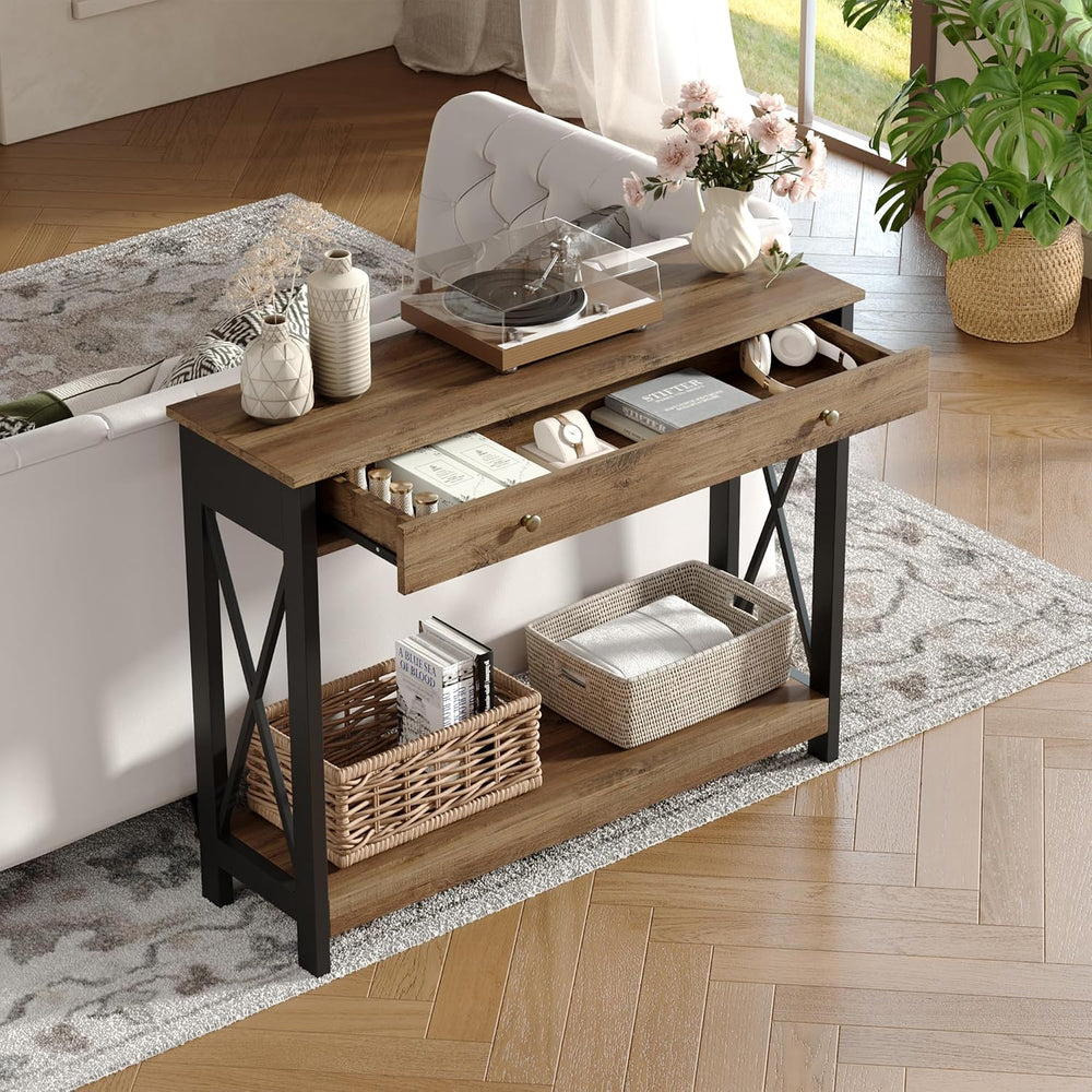 Treocho 40" Farmhouse Console Table with Drawer and Storage Shelves | En...