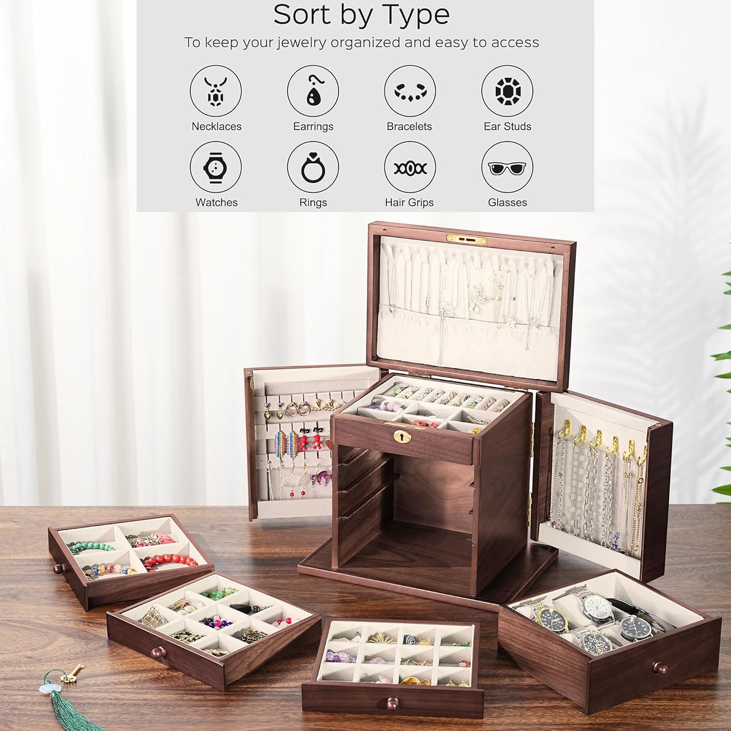 Wooden Jewelry Boxes for Women with Lock,Large Capacity Jewelry Boxes & Organizers,Vintage jewelry organizers and storage,dresser top jewelry organizer,Gift for Wives & Mothers