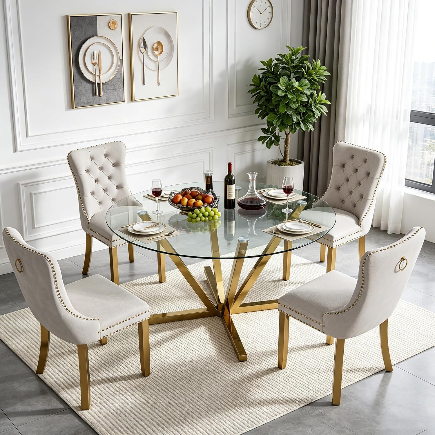 HomVent Round Glass Dining Table Set for 4,Circle Glass Kitchen Table Set | 45'' Small Dining Room Set Glass Dinner Table Set with 4 Velvet Dining Chair for Kitchen Dining Room Family Gathering