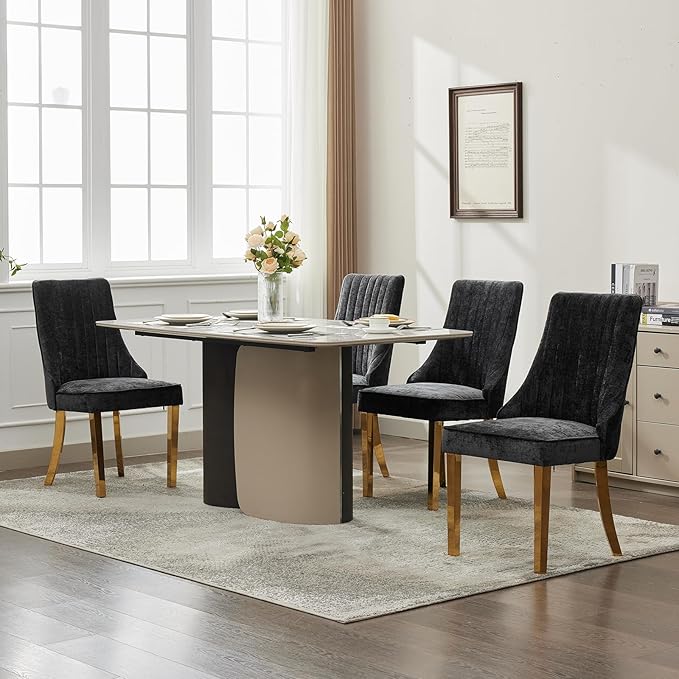 Black Mid Century Dining Chairs Set of 4, Modern Kitchen & Dining Room Chairs Set of 4, Chenille Fabric Upholstered Kitchen Chairs, Sillas de Comedor, Gold Legs (Black, 4 Pcs)