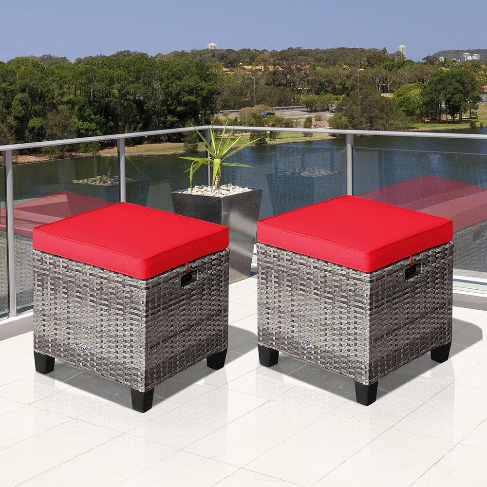 RELAX4LIFE 2-Piece Patio Rattan Ottomans - Outdoor Wicker Furniture w/ 2 Foot...