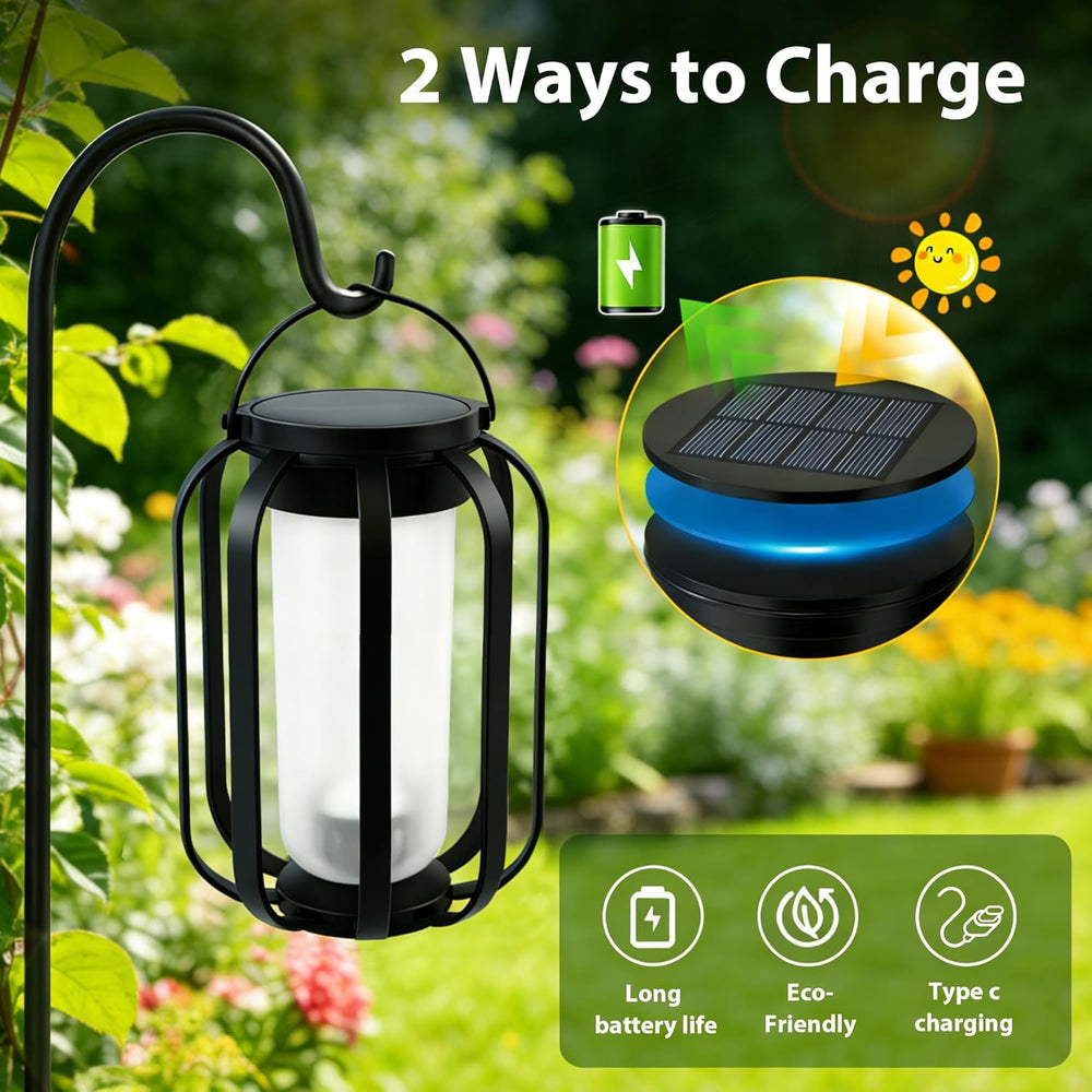 Solar Lanterns Outdoor Lights, 2 Pack Waterproof Flickering Flame Hanging Lig...