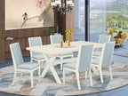 East West Furniture X027LA015-7 7 Piece Dining Room Furniture Set Consist of a Rectangle Dining Table with X-Legs and 6 Baby Blue Linen Fabric Parsons Chairs, 40x72 Inch, Multi-Color
