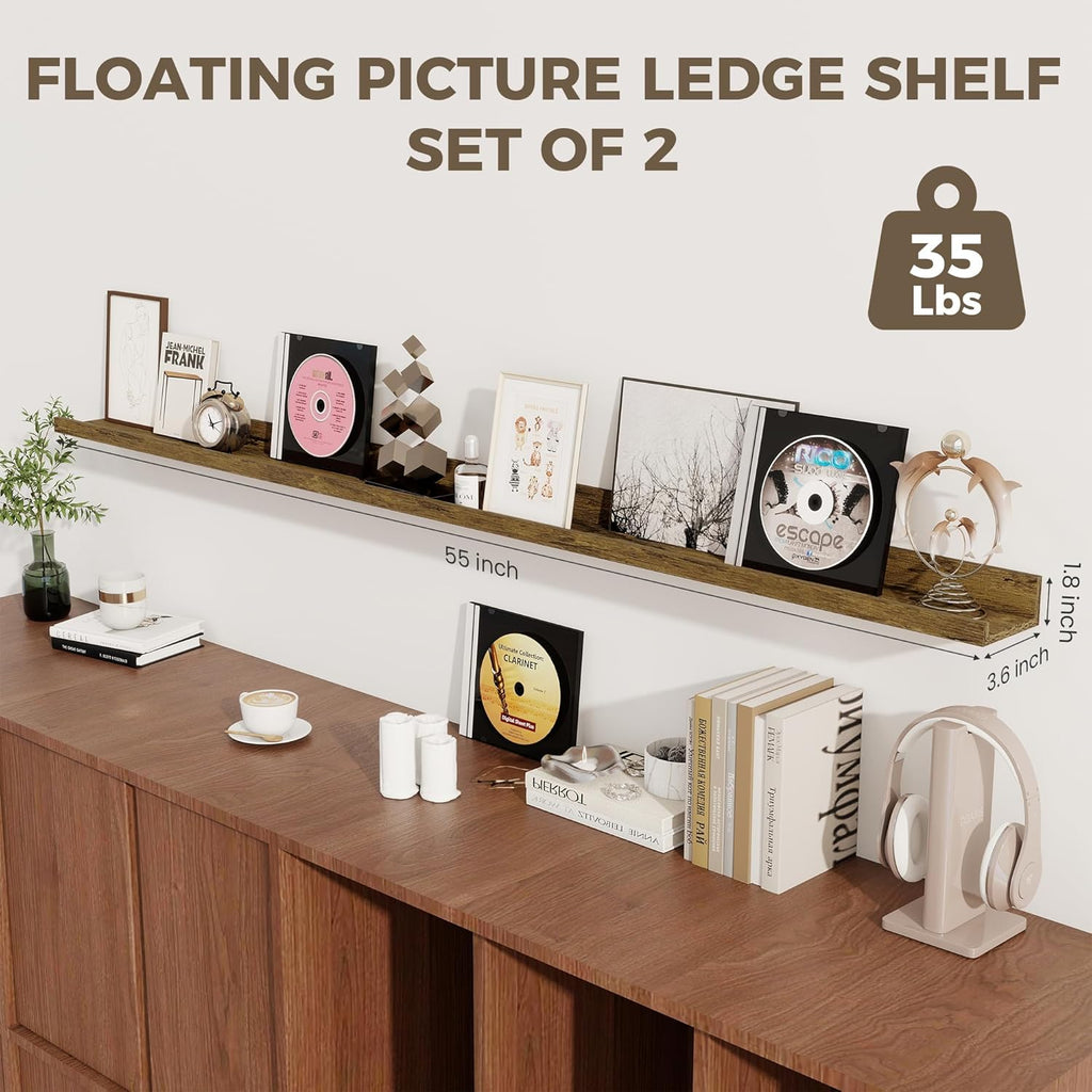 Axeman 55 Inch Floating Shelves - Picture Ledge Shelf Set of 2 - Rustic Brown Wall Shelves with Lip - Picture Shelf for Wall with Ledge - Photo Ledge Shelves for Pictures Nursery Books