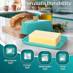 Flexzion Ceramic Blue European Butter Dish with Lid for Countertop (8 Inch) - Wide 2 Stick Double Butter Holder for Counter, Cream Cheese Container Storage Keeper