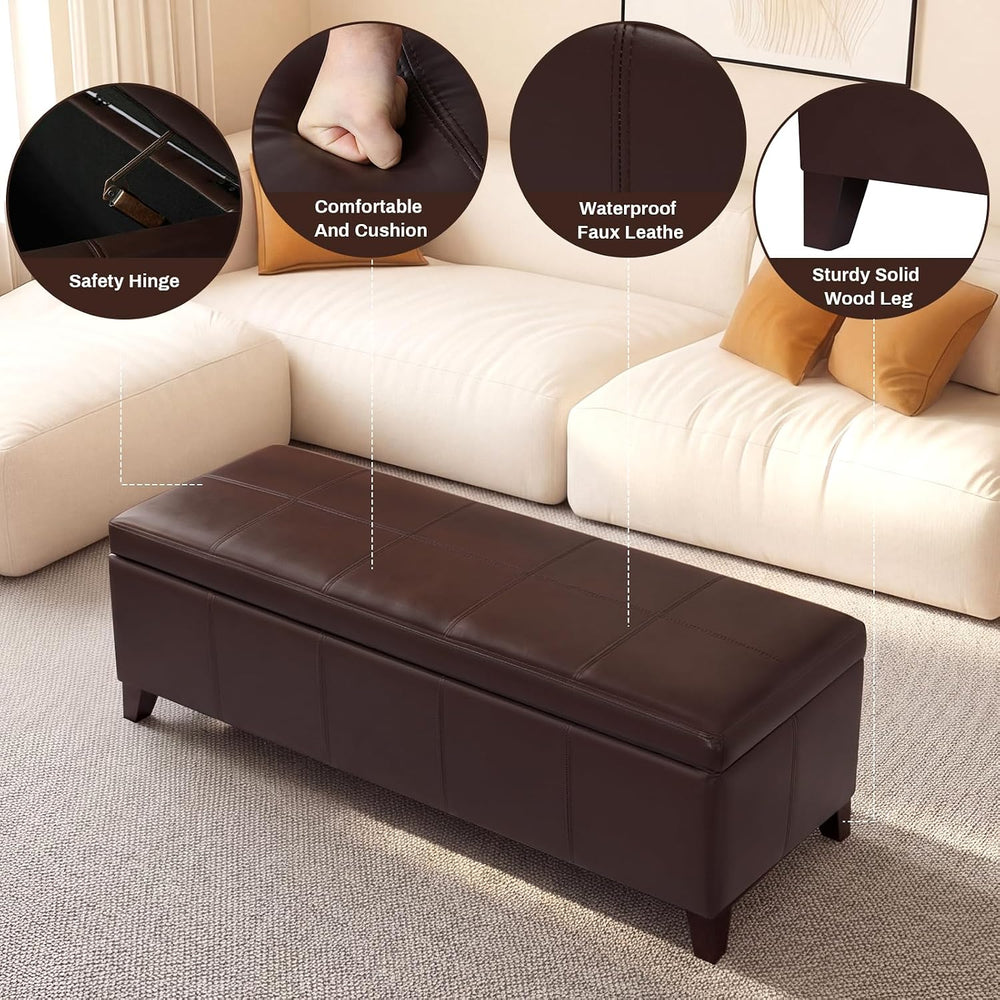 51" Coffee Brown Faux Leather Storage Ottoman | Foot Rest with Hinged Li...