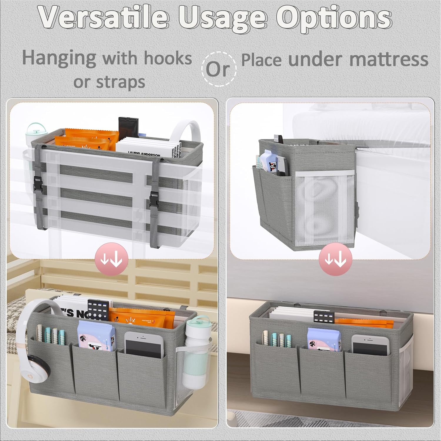 Dual-purpose Bedside Caddy Bedside Organizer, Bed Caddy with 6 Pockets, Versatile Bedside Storage Solution Magazine Remotes holder, ideal for Home, Dorm, Hospital, Crib Bed (Grey)