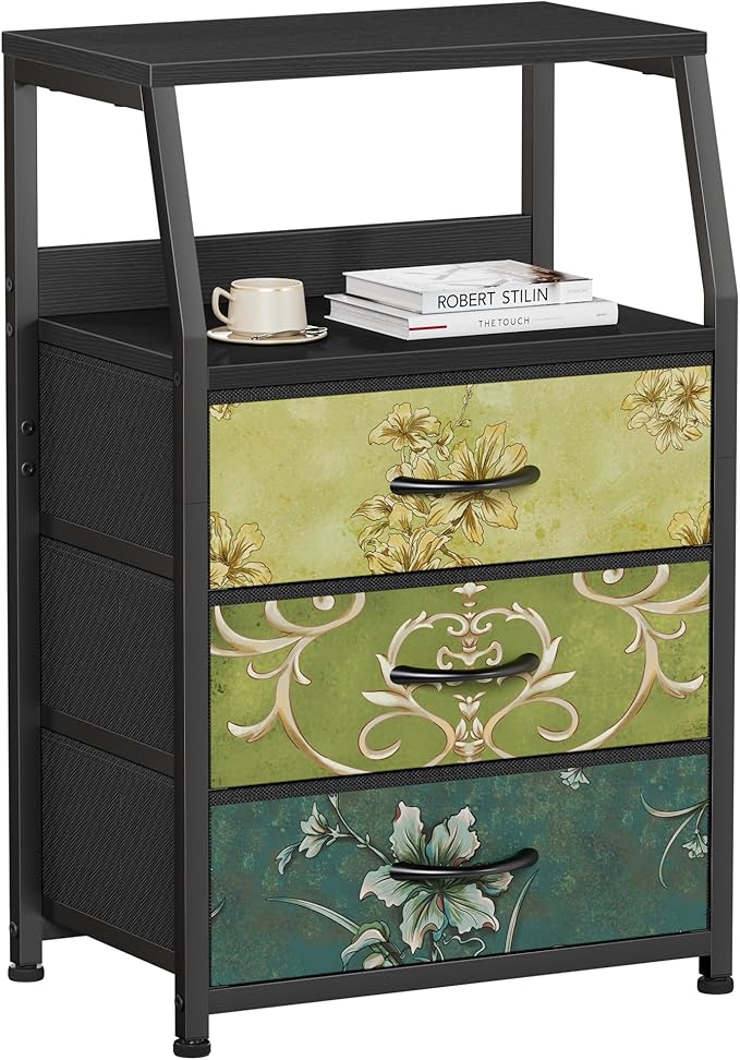 Furnulem Retro Night Stand with 3 Drawers and 2-Tier Shelf, Small Nightstand ...