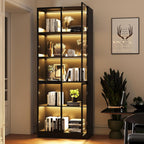 Wooden Display Storage Cabinet with Glass Door, LED Lights,Showcase for Collections, Perfume, Vinyl Albums, Bookcase for Home Office, Living Room, Clinic, Pantry (5 Layers-Black)