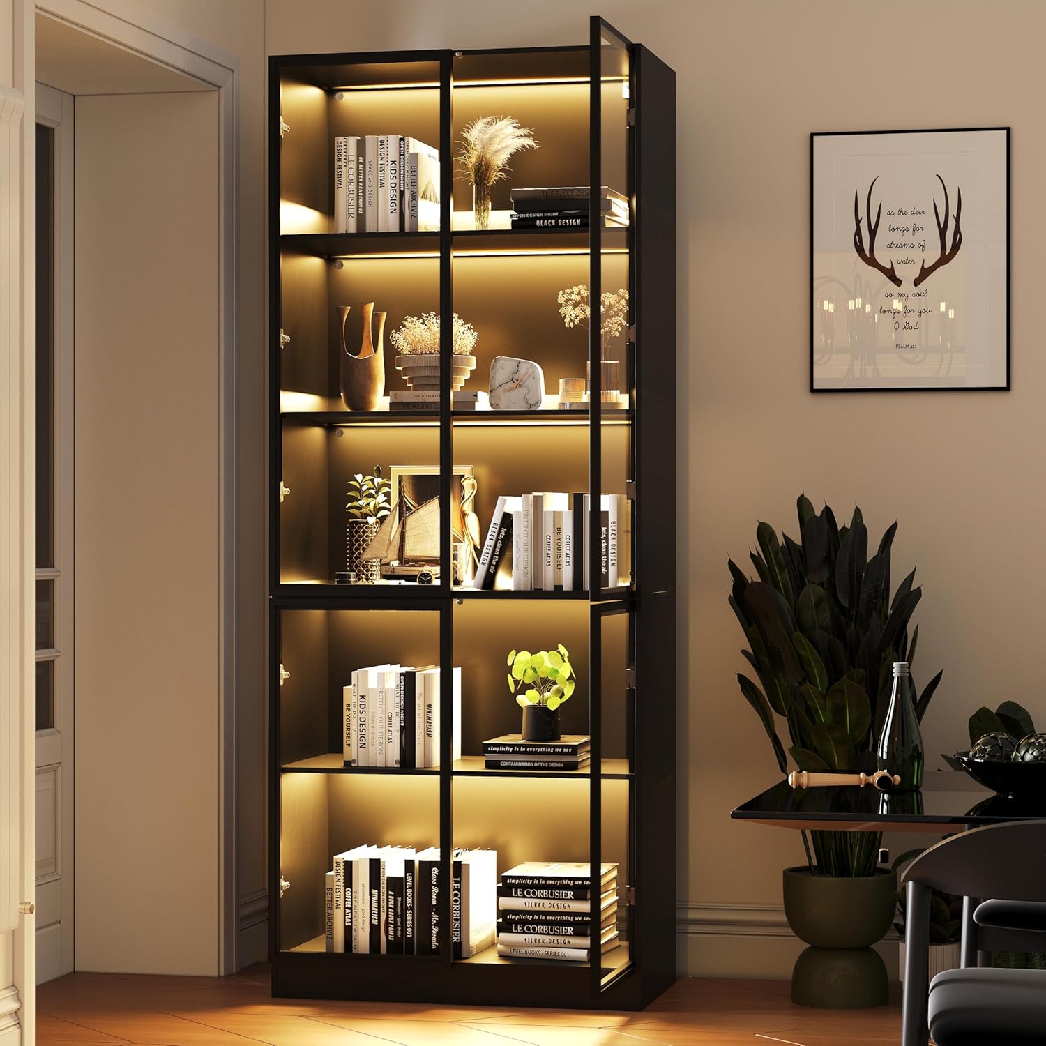 Wooden Display Storage Cabinet with Glass Door, LED Lights,Showcase for Collections, Perfume, Vinyl Albums, Bookcase for Home Office, Living Room, Clinic, Pantry (5 Layers-Black)
