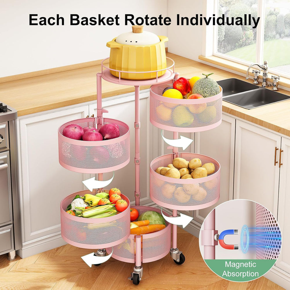 SAYZH 5 Tier Fruit Vegetable Basket Stand for Kitchen, Rotating, Pink | Rolli...