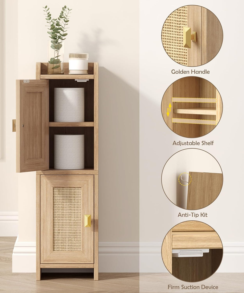 Akxomel Rattan Small Bathroom Cabinet Narrow Toilet Paper Organizer Oak | 7.9...