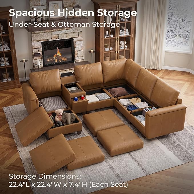 SITJOY 105" Faux Leather Modular Sectional Sofa with Storage, Mid Century Modern Sectional Couches for Living Room, 6 Seat V Shaped Couch with Ottoman and Console Table, Hidden Cupholders, Brown