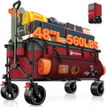 48" L Folding Beach Wagon Cart Foldable, 560lbs Weight Capacity 300L Heavy Duty Collapsible Wagons with Big All-Terrain Wheels, Utility Carts for Groceries, Shopping, Camping, Sports - Grey&Red