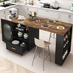 HSH Rolling Kitchen Island with Seating & Storage with Wheels, Rustic Brown | 72” Large kitchen island, 360° swivel & extendable table, movable island Cart with cabinet, drawer and shelves for Kitchen