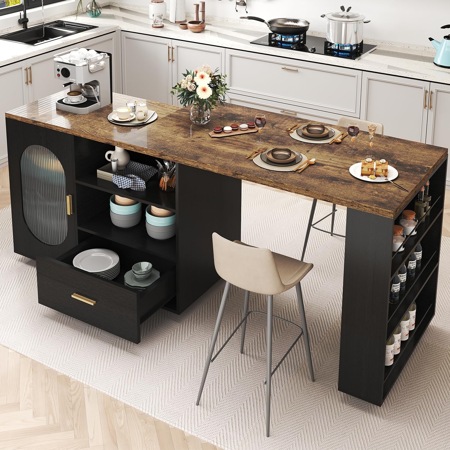 HSH Rolling Kitchen Island with Seating & Storage with Wheels, Rustic Brown | 72” Large kitchen island, 360° swivel & extendable table, movable island Cart with cabinet, drawer and shelves for Kitchen