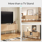 LINSY Home TV Stand for 65" TV, Mid-Century Modern 58" Entertainment Center with Sliding Tambour Door and Storage Cabinet, Cruved TV Media Console Table for Living Room, Bedroom, Oak