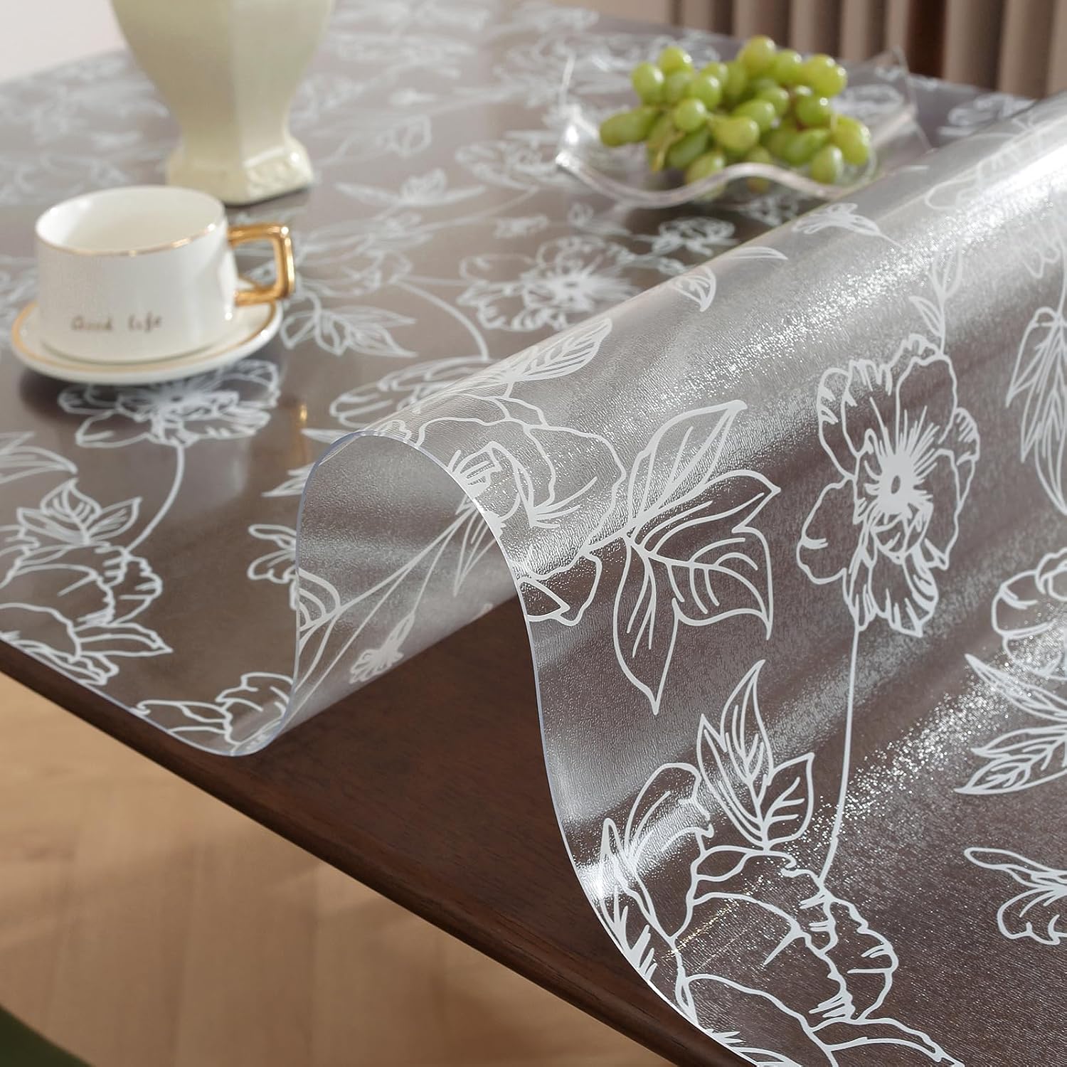 Warmstar Floral Table Protector 24 x 48 Inch, 1.5mm Thick Plastic Table Cover, Waterproof Dining Tabletop Protector Rectangle Vinyl Tablecloth PVC Desk Pad Mat for Kitchen, Wooden Table,Peony
