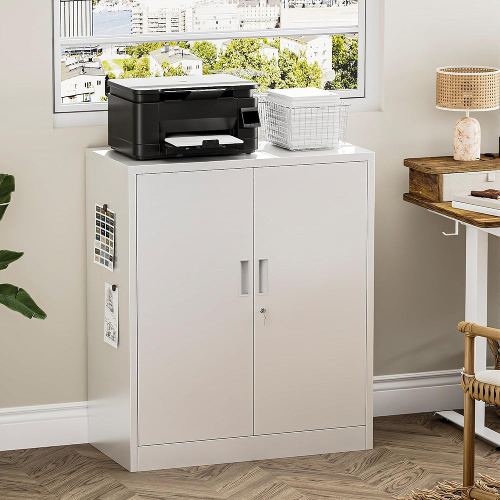 Metal Storage Cabinets，36" H White Metal Cabinet with Doors and 2 Adjust...
