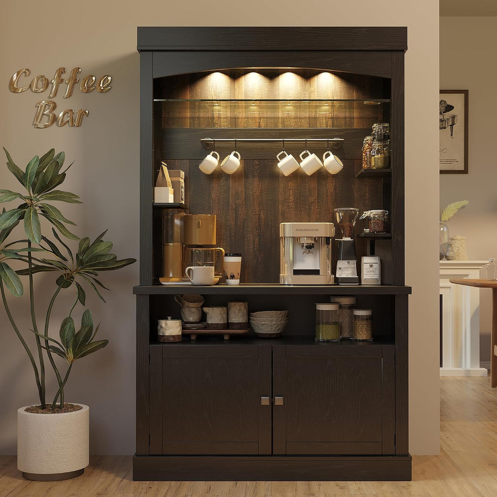 Takywep Tall Coffee Hutch with LED Lights Tall CoffeeBar Cabinet Farmhouse Bu...