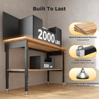 60" Work Bench Adjustable Height with Storage Shelf, Max Load 2000 LBS Heavy Duty Rubberwood Tabletop with Pegboard, LED Light, Built-in Power Strip for Woodworking Shop, Garage, Home