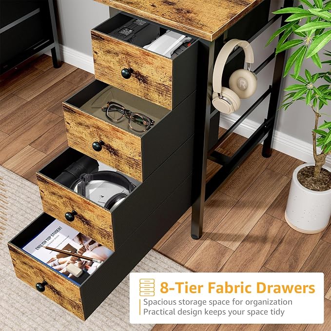 Home Office Desk with Drawers for Storage - 55 inch Computer Desk with 8 Fabric Drawer, Writing Study Work Desks with Drawers on Both Sides for Bedroom