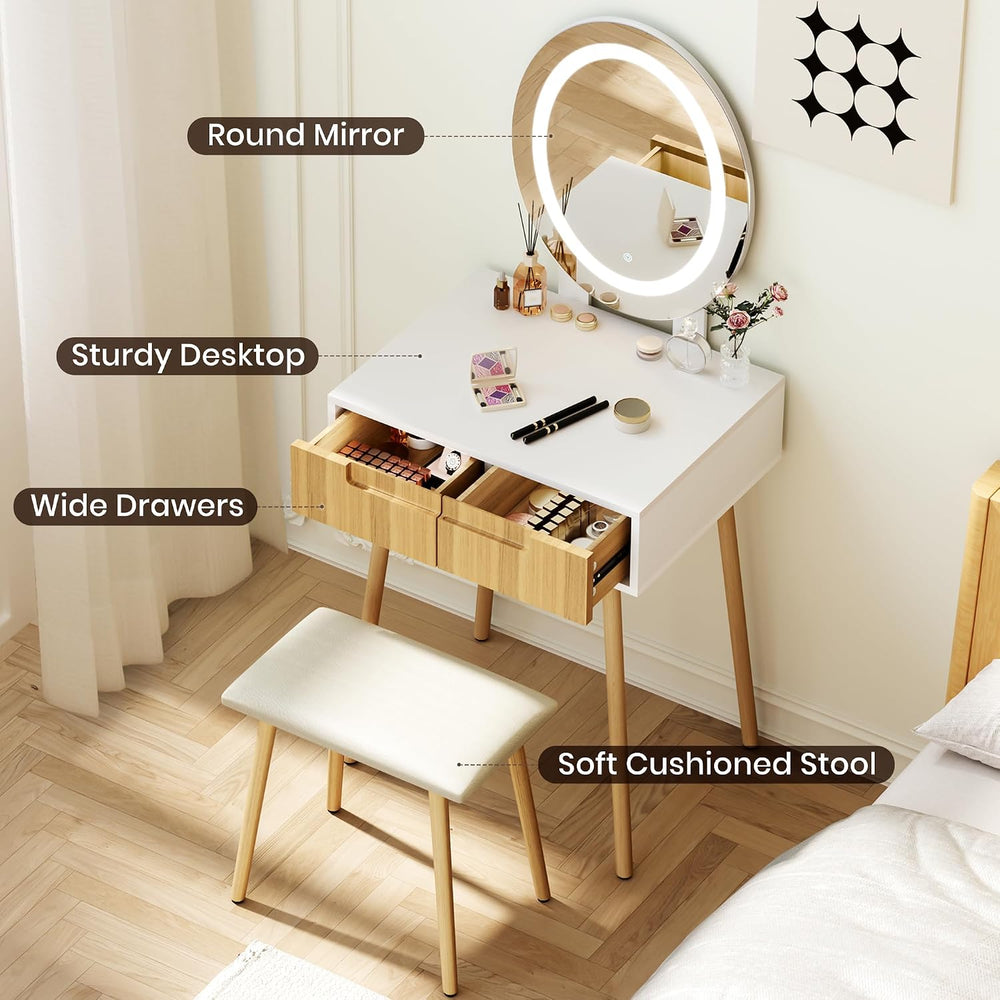 Small Vanity Desk with Mirror and Lights, Wooden Handles with Cushioned Stool...