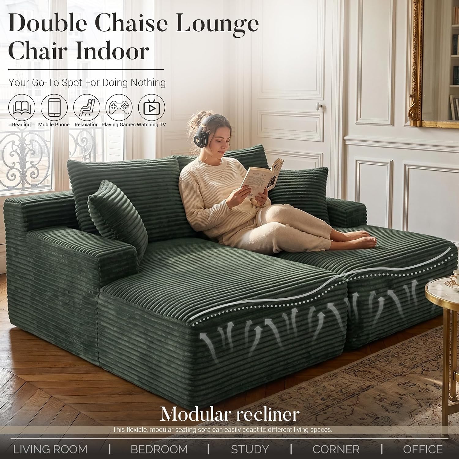 80" Boneless Chaise Lounge Chair Indoor, Double Chaise Lounge Chairs Indoor,Boneless Loveseat Chairs with Comfort Corduroy, No Assembly Required/40D Memory Foam/Living Room/Bedroom (Green)
