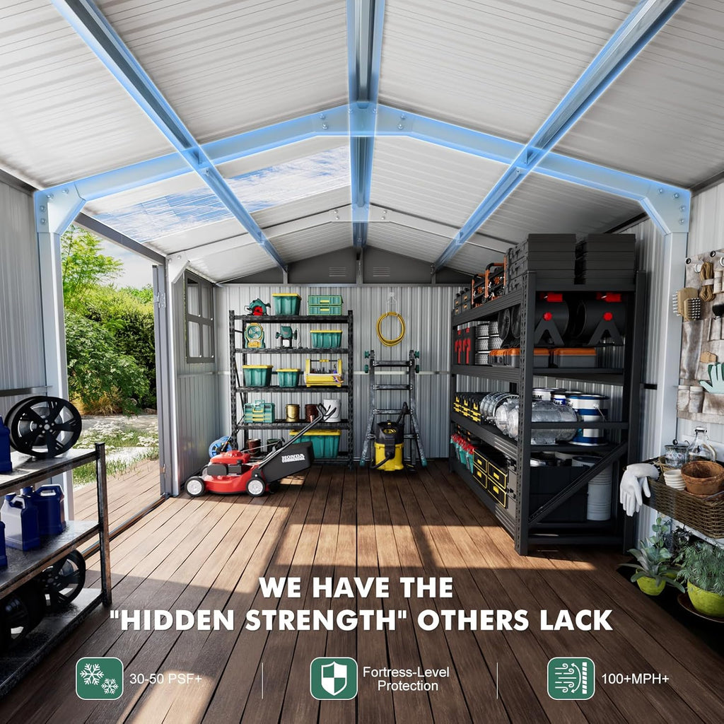 Metal shed 12x10 FT with Floor Kit, Outdoor Storage, Heavy-Duty Garden Sheds with Customizable Skylight & Reinforced Steel Frame, Weatherproof Galvanized Tool Tiny House for Backyard, Patio, and Lawn