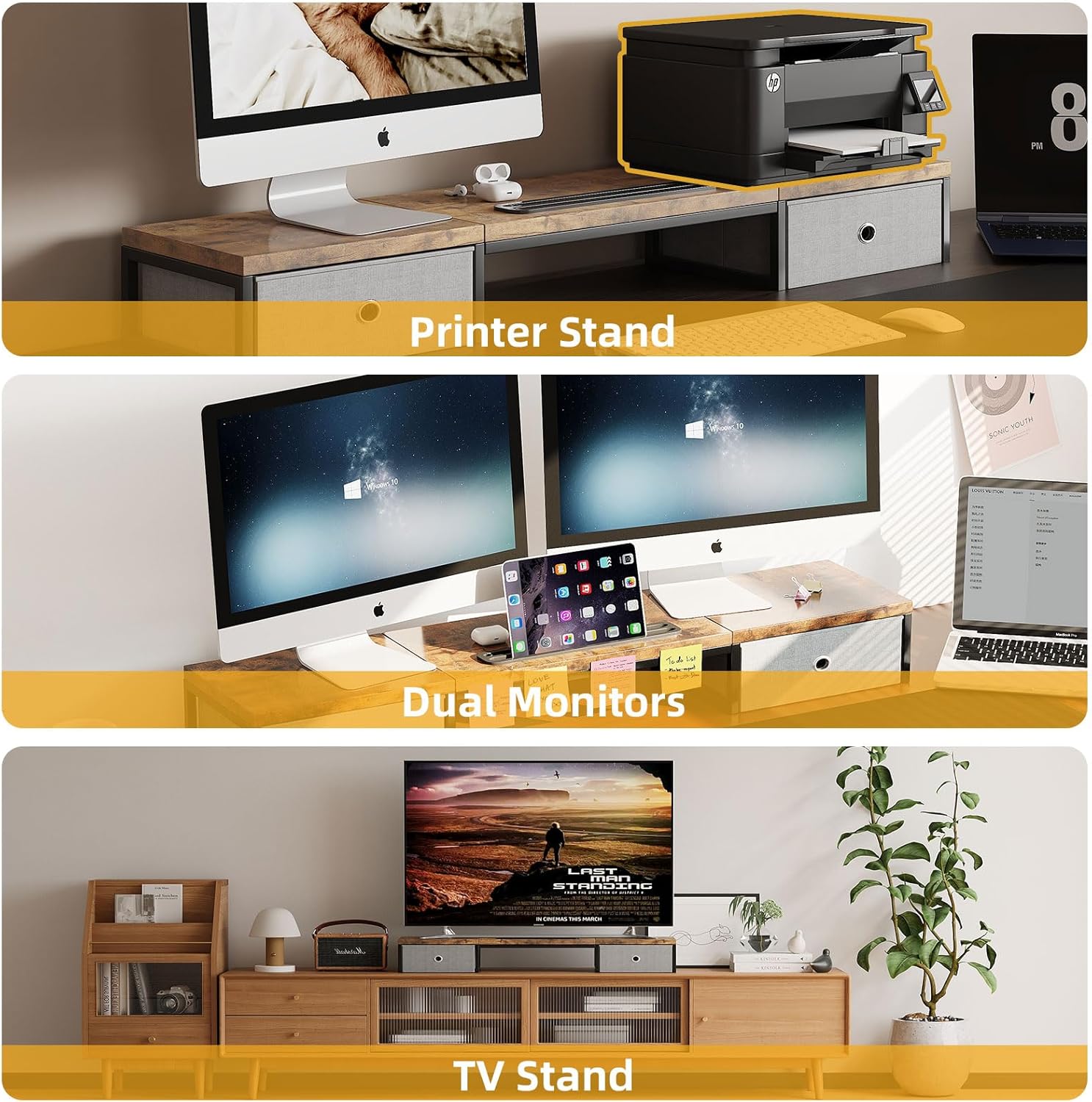 Dual Monitor Stand Riser with 2 Drawers - 39Inch Large Storage Computer Monitor Stands for 2 Monitors, Wooden Desktop Organizer Perfect for Home Office Desk, Computer, Laptop, TV, Rustic Brown