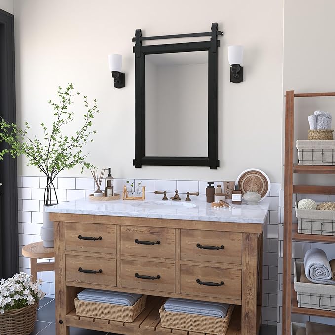 Rustic Barn Door Mirror: 24"x36" Black Farmhouse Wood Frame - Wall Mirror for Entryway/Bathroom/Living Room Wall Decor