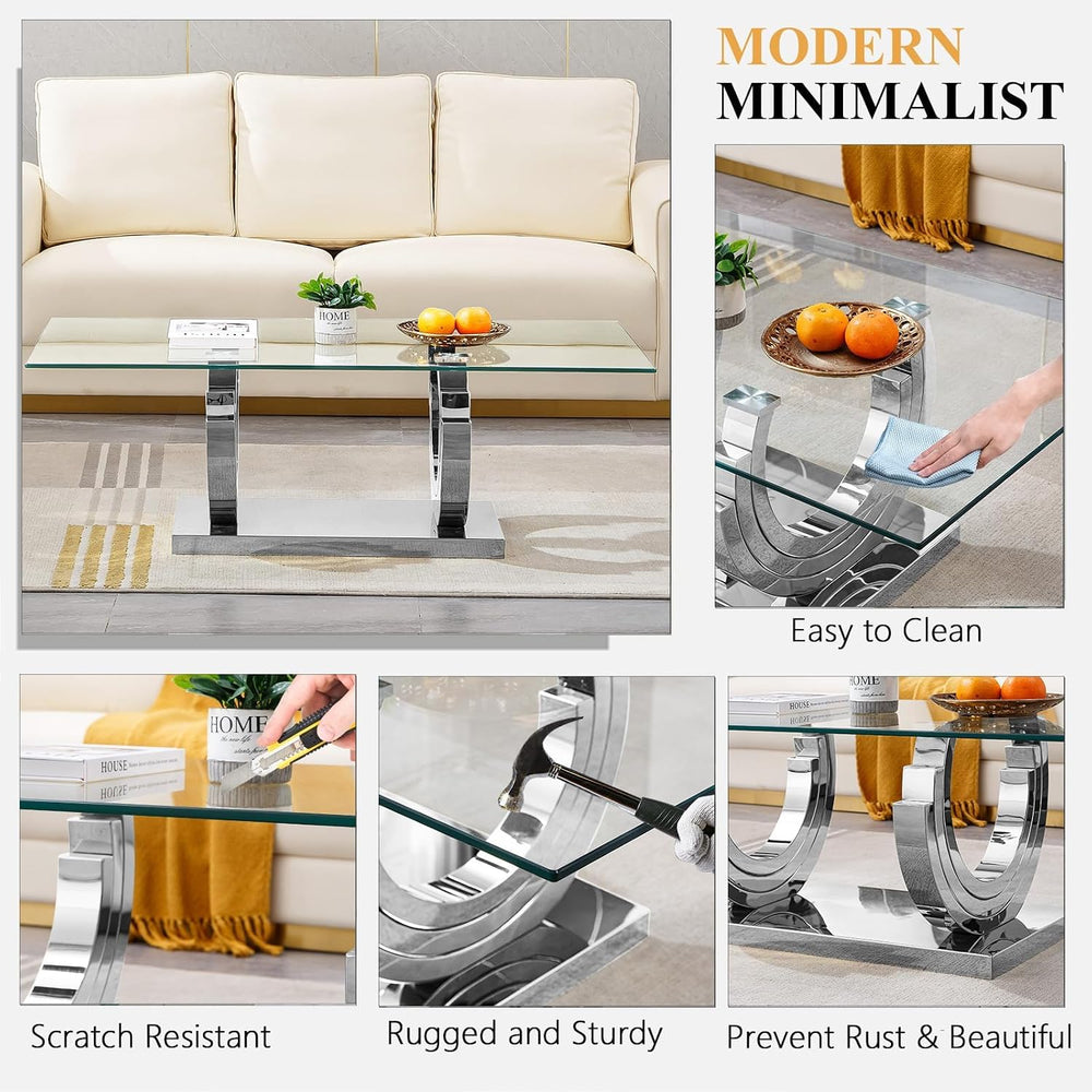 2 Piece Glass Coffee Table Set, Modern Living Room Table Set, Coffee Table wi...