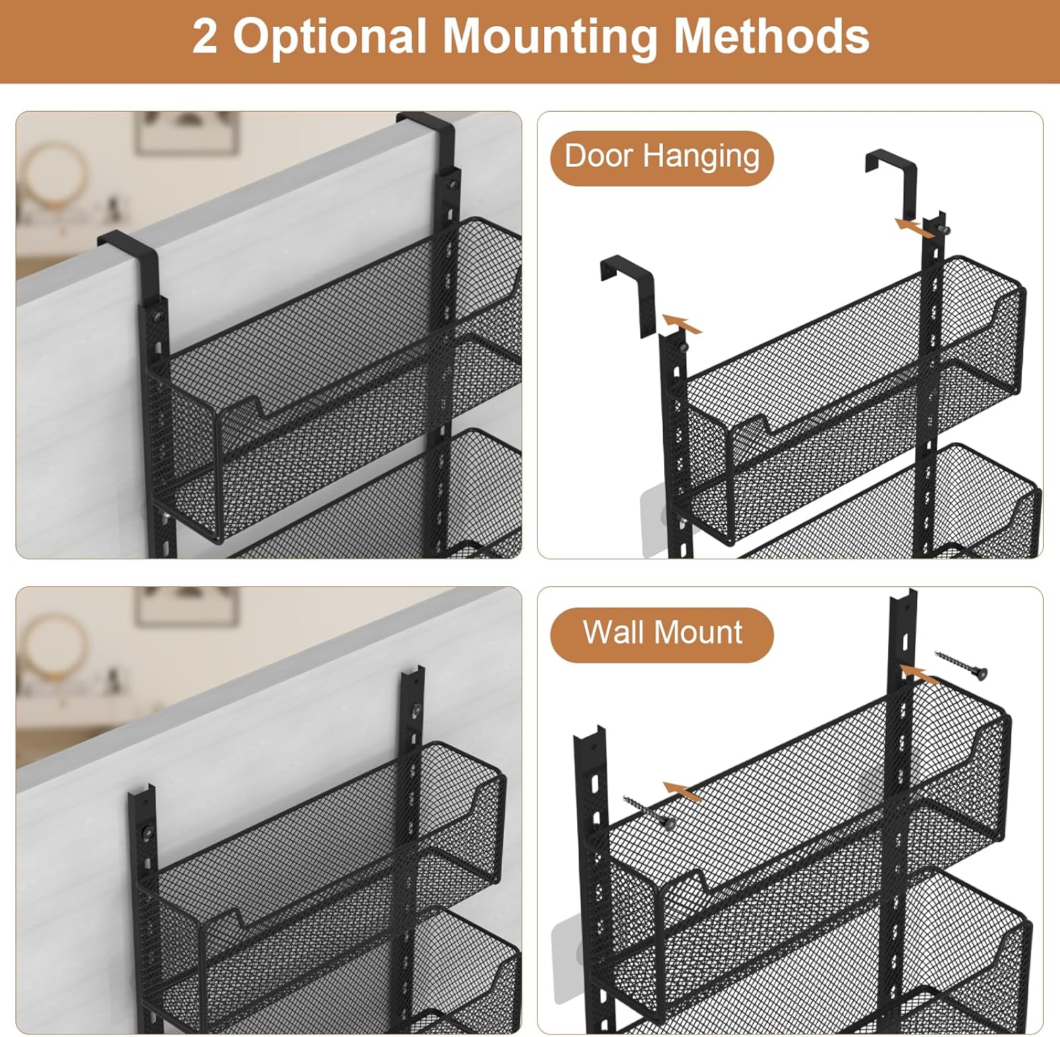 Over The Door Organizer, 8-tier Metal Door Organizer Hanging with Adjustable Baskets, Behind The Door Storage for Bedroom Closet Bathroom Pantry Cabinet Kitchen, Black