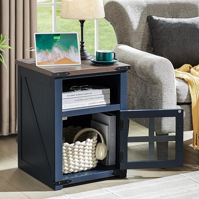 Farmhouse Nightstand with Charging Station, Rustic End Table with Tempered Gl...