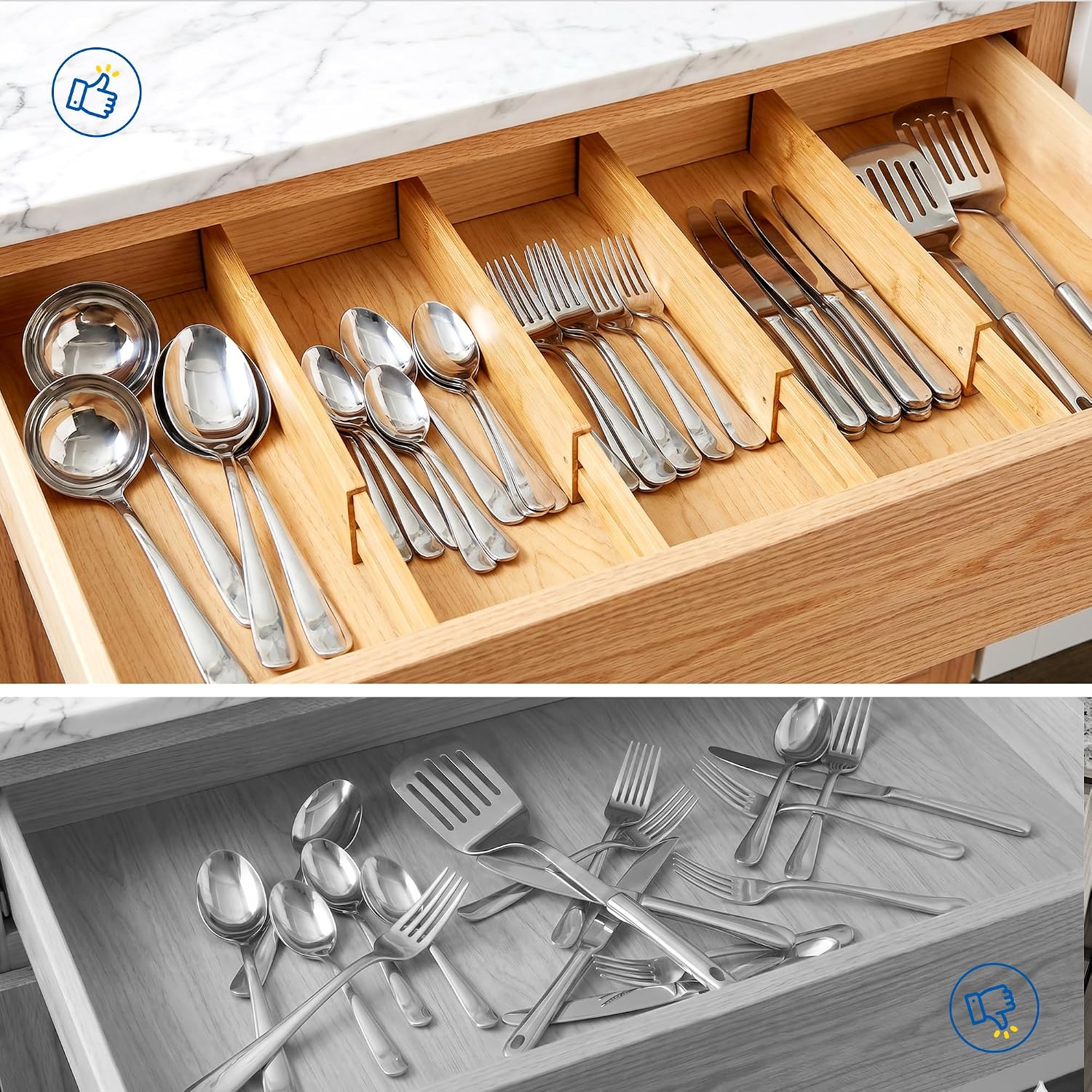 4 Pack 2.36" Bamboo Drawer Dividers, 17-22" Expandable Kitchen Organizers | Adjustable Spring-Loaded Tension Separators with Foam Pad for Clothes, Utensils, Kitchen, Dresser, Nursery & Bathroom