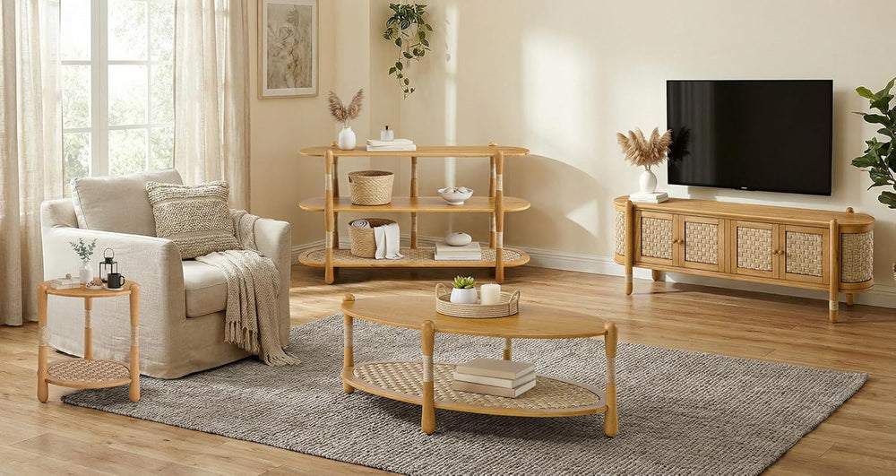 Harbor Oak 20" Round Oak Wood End Table with Seagrass Accents and Shelf ...