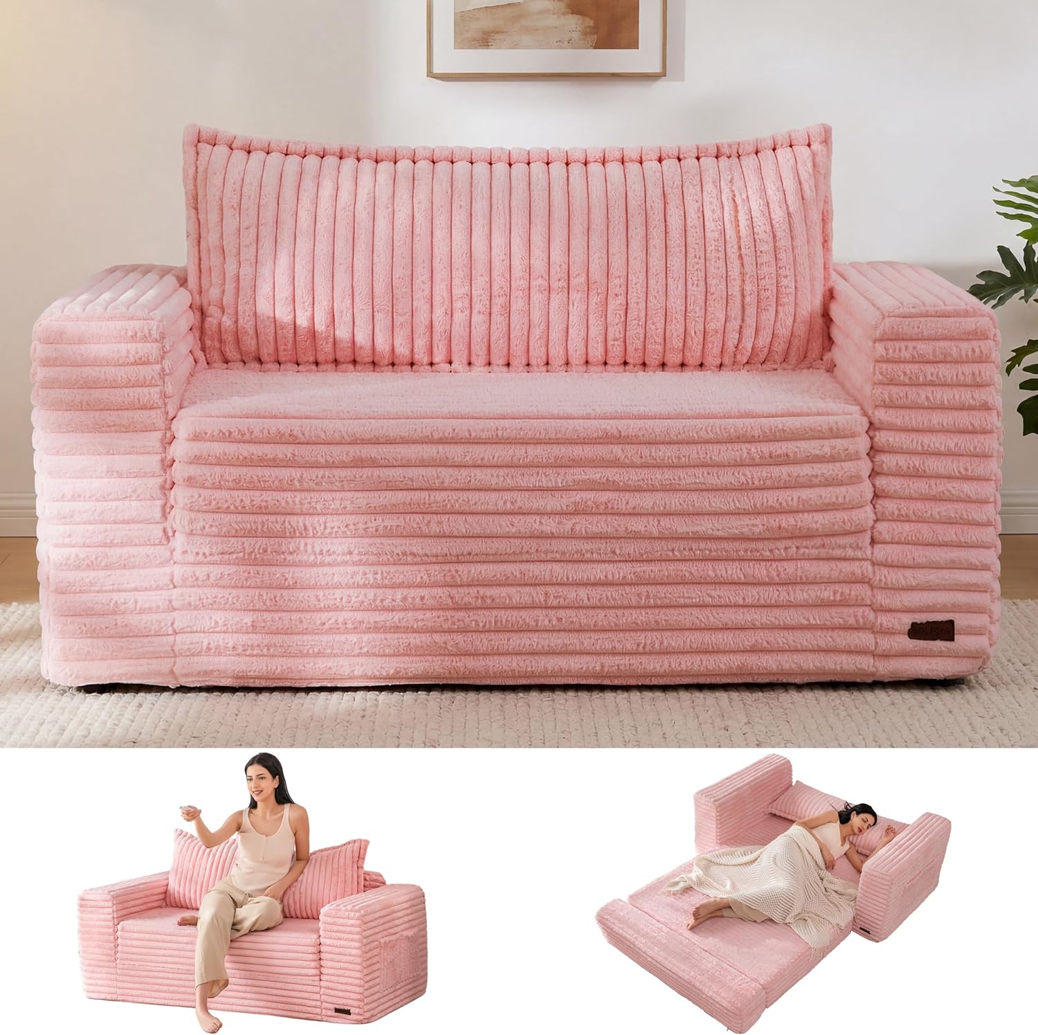 MAXYOYO Convertible Sofa Bed, 2 in 1 Folding Couch Bed for Small Space, Pull Out Loveseat Sofa Couch with Large Back Pillow, Plush Faux Fabric Lounge Couch for Living Room, Apartment, Pink