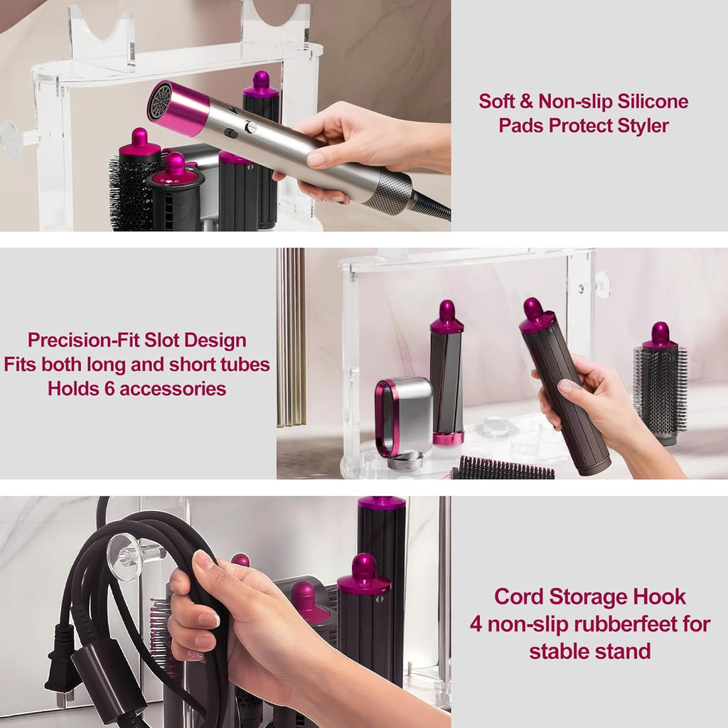 2025 New Storage Holder for Dyson Airwrap Hair Tool Organizer Accessories, Clear Acrylic Hair Dryer Rack 6 Holes Countertop Desktop Styler Stand Bathroom Organizer with Cord Hanger